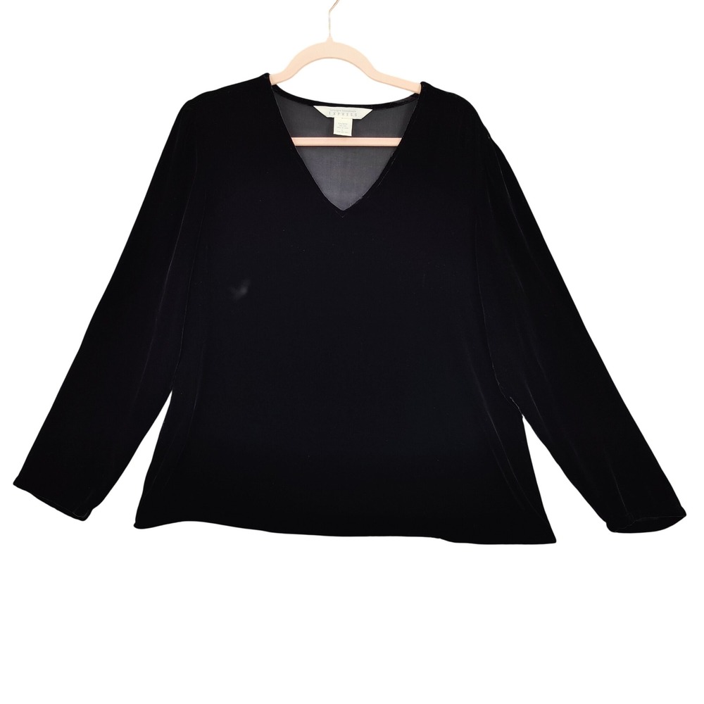 Express Womens Vintage 90s Silk Velvet V-Neck Top Large Black Holiday Minimalist